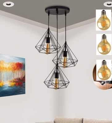 Picture of Modern Homesake 3 Diamond Cluster shape Hanging Light Pendant With 3 Filament Bulb ST64- 4 Watt for Home Decoration Black