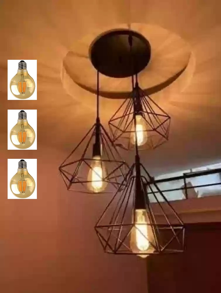 Picture of Modern Homesake 3 Diamond Cluster shape Hanging Light Pendant With 3 Filament Bulb ST64- 4 Watt for Home Decoration Black