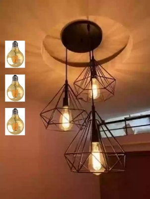 Picture of Modern Homesake 3 Diamond Cluster shape Hanging Light Pendant With 3 Filament Bulb ST64- 4 Watt for Home Decoration Black