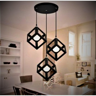 Picture of 3 Modern Iron Ceiling Pendant Lamp Shade Set Black Square Shape (Bulb not Included) Black