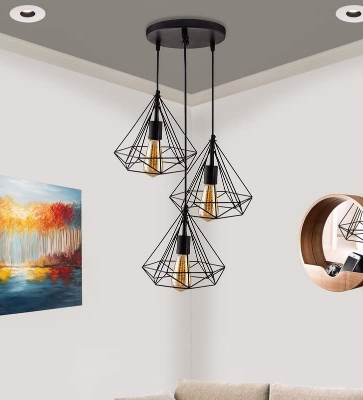 Picture of Modern Homesake 3 Diamond Cluster shape Hanging Light Pendant for Home Decoration (Bulb not Included) Black