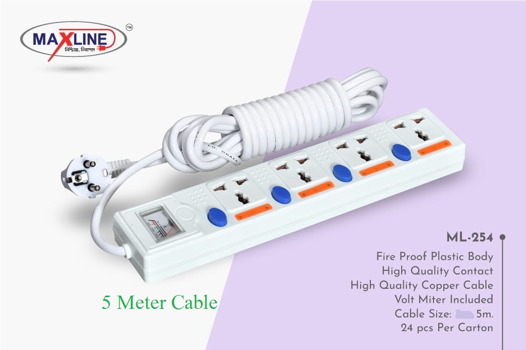 Picture of Maxline ML 254 Multiplug 4 Way Extention Socket 2 Pin Plug 5 Meter Cable