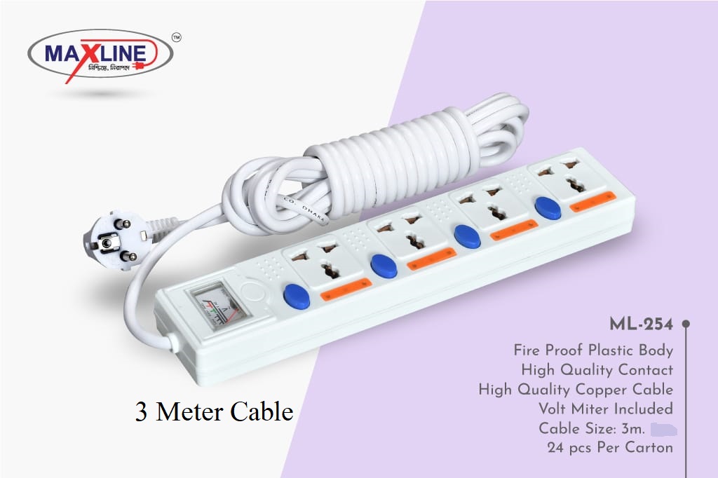 Picture of Maxline ML 254 Multiplug 4 Way Extention Socket 2 Pin Plug 3 Meter Cable