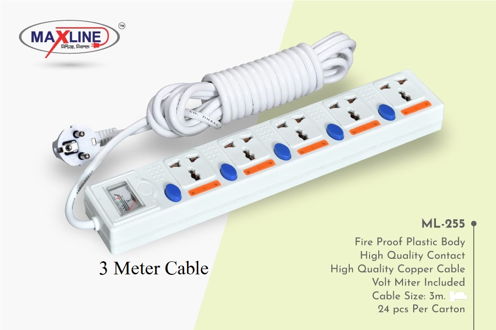 Picture of Maxline ML 255 Multiplug 5 Way Extention Socket 2 Pin Plug 3 Meter Cable