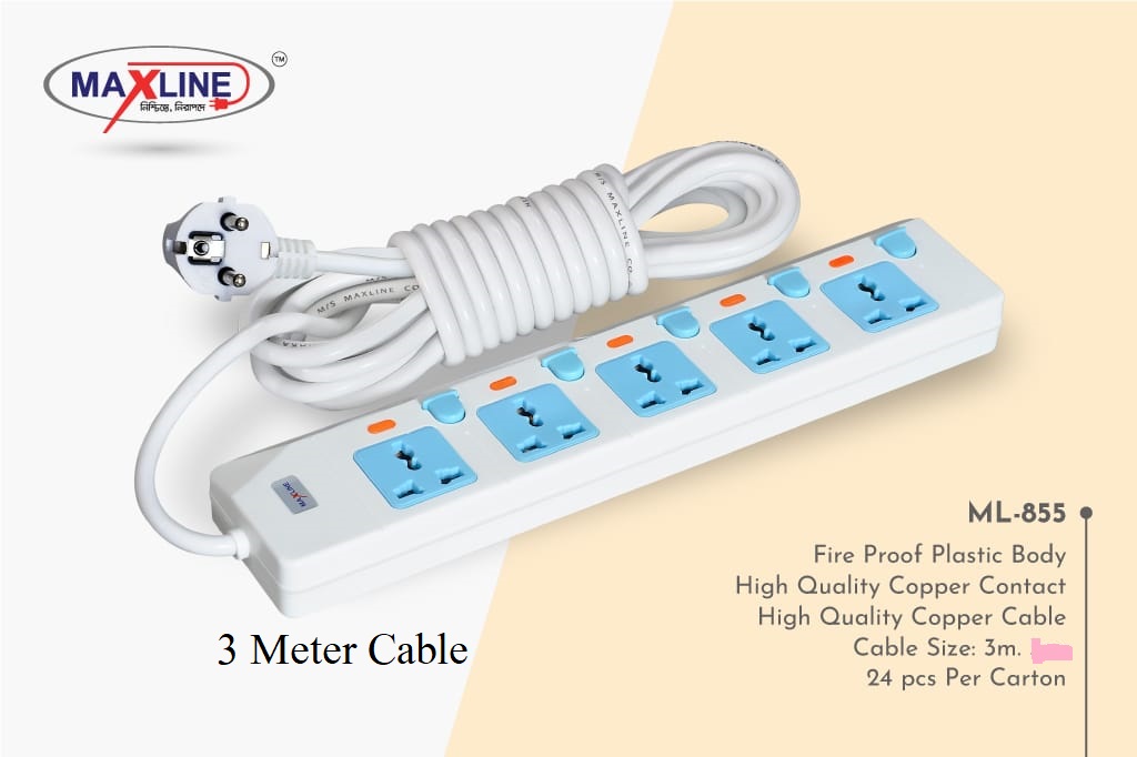 Picture of Maxline ML-855 Multiplug 5 Way Extention Socket 2 Pin Plug 3 Meter Cable