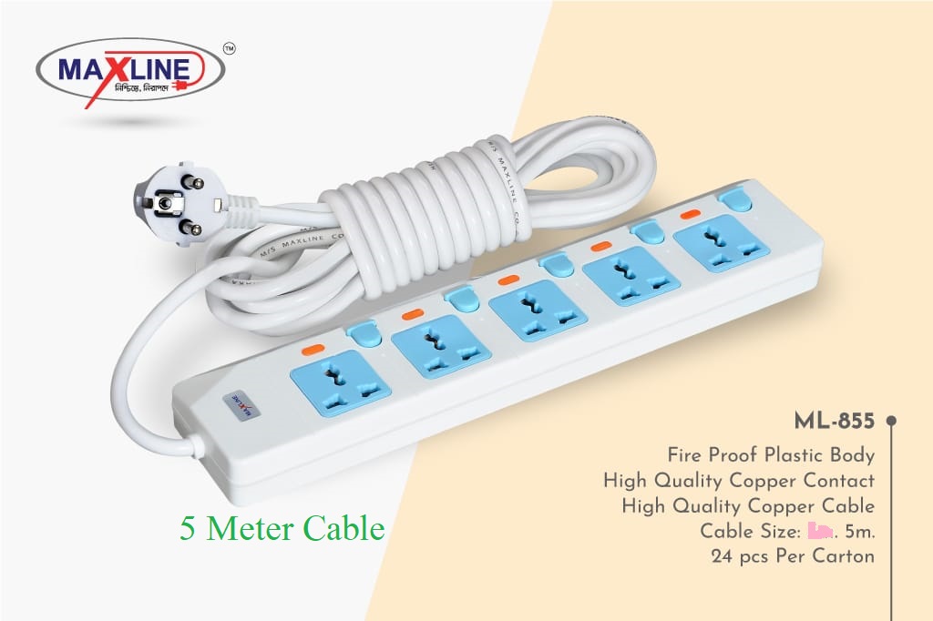 Picture of Maxline ML-855 Multiplug 5 Way Extention Socket 2 Pin Plug 5 Meter Cable