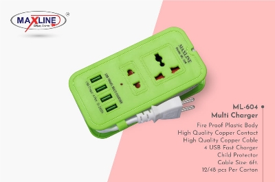 Picture of 4USB Multi Plug Maxline ML-604 Multiplug 2 Port Extention Socket 6 Feet Cable Green Clour Body Green