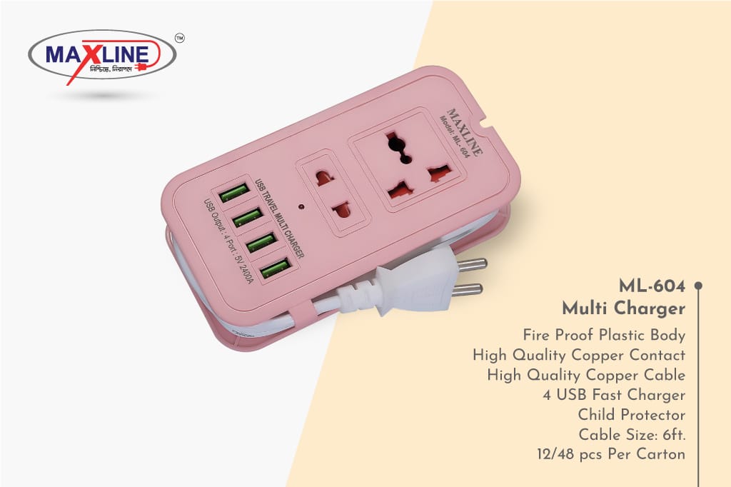 Picture of 4USB Multi Plug Maxline ML-604 Multiplug 2 Port Extention Socket 6 Feet Cable Pink Colour Body Pink
