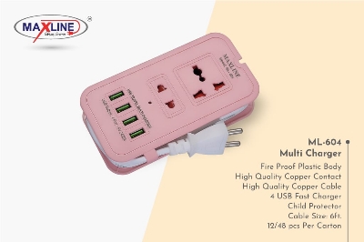 Picture of 4USB Multi Plug Maxline ML-604 Multiplug 2 Port Extention Socket 6 Feet Cable Pink Colour Body Pink