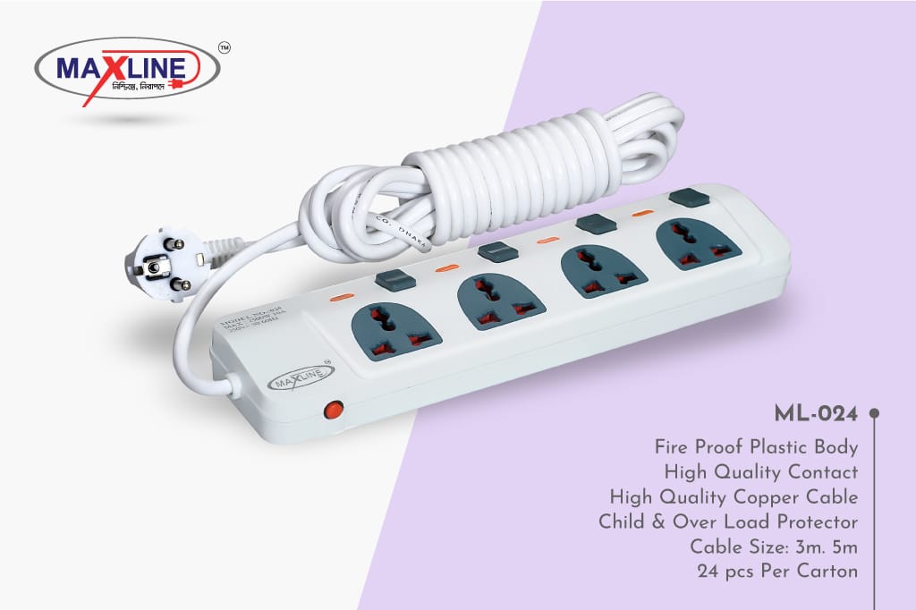 Picture of Maxline ML-024 Multiplug 4 Port Fire Proof Plastic Body Extention Socket 5 Meter Cable