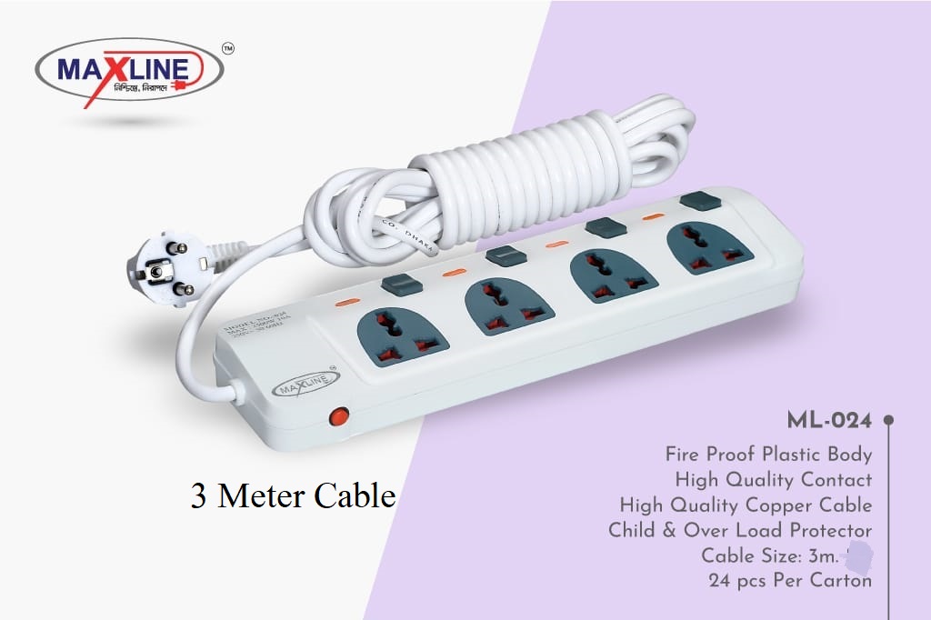 Picture of Maxline ML-024 Multiplug 4 Port Fire Proof Plastic Body Extention Socket 3 Meter Cable