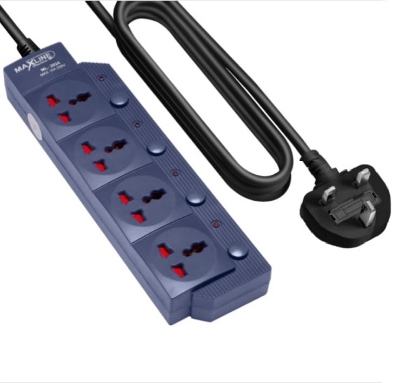 Picture of Maxline ML-2024 3 Pin Plug Extention Socket 4 Port Power Strip Fire Proof Plastic Black Colour Body 5 Meter Cable Multiplug