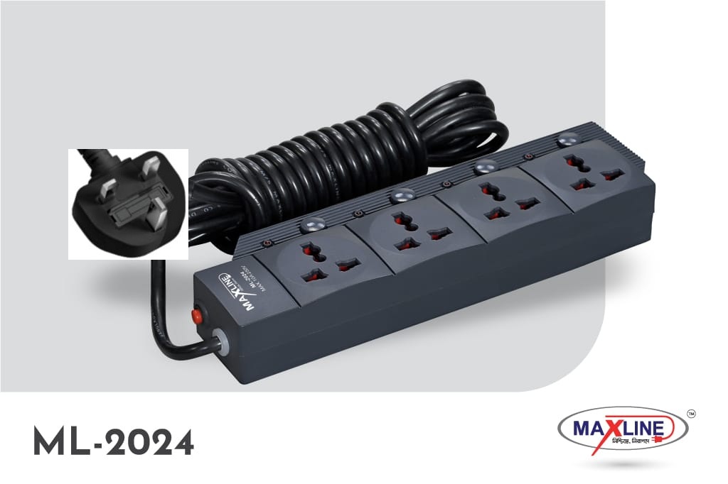 Picture of Maxline ML-2024 3 Pin Plug Extention Socket 4 Port Power Strip Fire Proof Plastic Black Colour Body 5 Meter Cable Multiplug