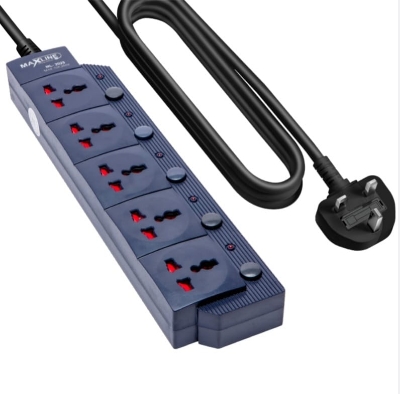 Picture of Maxline ML-2025 3 Pin Plug Extention Socket 5 Port Power Strip  Fire Proof  Plastic Black Colour Body 5 Meter Cable Multiplug
