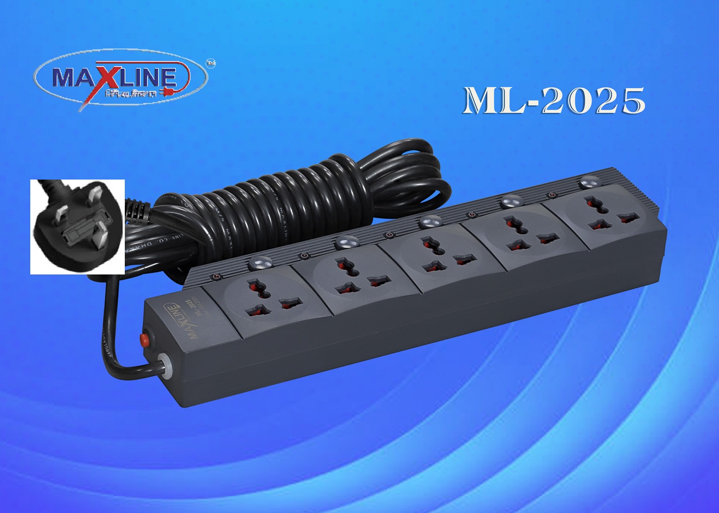 Picture of Maxline ML-2025 3 Pin Plug Extention Socket 5 Port Power Strip  Fire Proof  Plastic Black Colour Body 5 Meter Cable Multiplug
