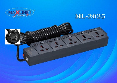Picture of Maxline ML-2025 3 Pin Plug Extention Socket 5 Port Power Strip  Fire Proof  Plastic Black Colour Body 5 Meter Cable Multiplug