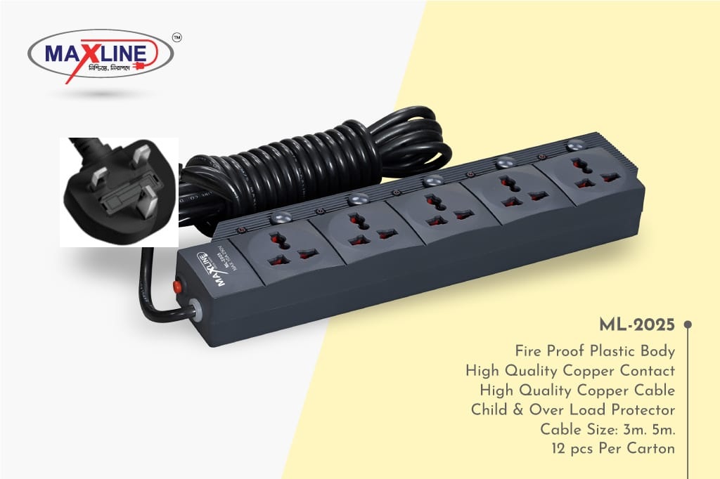 Picture of Maxline ML-2025 3 Pin Plug Extention Socket 5 Port Power Strip  Fire Proof  Plastic Black Colour Body 5 Meter Cable Multiplug