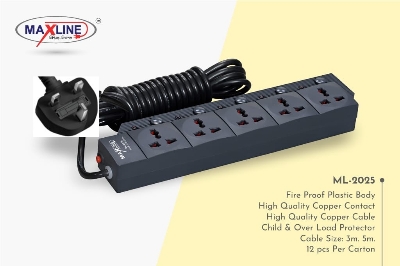 Picture of Maxline ML-2025 3 Pin Plug Extention Socket 5 Port Power Strip  Fire Proof  Plastic Black Colour Body 5 Meter Cable Multiplug