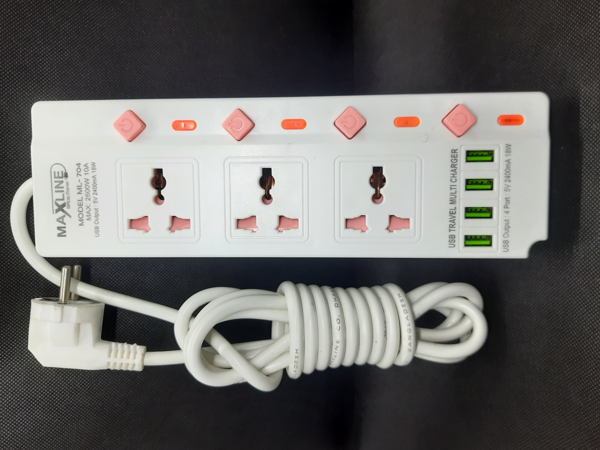 Picture of 4USB Multi Plug Maxline ML-704 Multiplug 3 Port Extention Socket 3 Meter