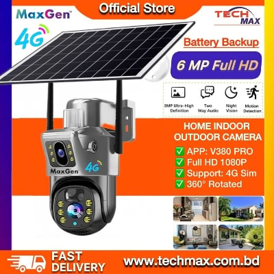 MaxGen V380 PRO VCS09-4G 6MP Sim-Supported Dual Lens Solar Battery Backup PTZ IP Camera Waterproof, Two-Way Audio, Motion Detection