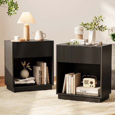 Picture of FurniQ Furniture Modern Fluted Nightstand Set of 2 - Mid-Century Bedside Table with Drawer & Open Shelf