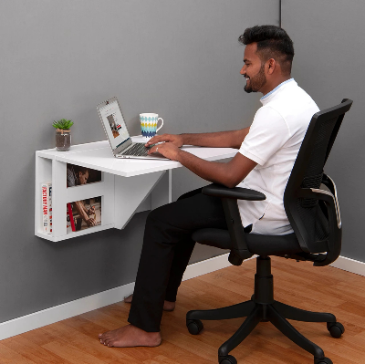 Picture of FurniQ Furniture Wall Mounted Folding Study Table with Storage Shelves - Space Saving Engineered Wood Home Office Desk