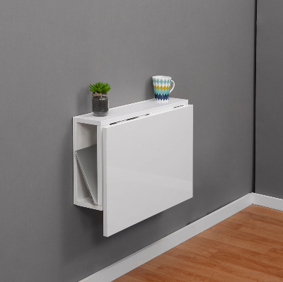 Picture of FurniQ Furniture Wall Mounted Folding Study Table with Storage Shelves - Space Saving Engineered Wood Home Office Desk