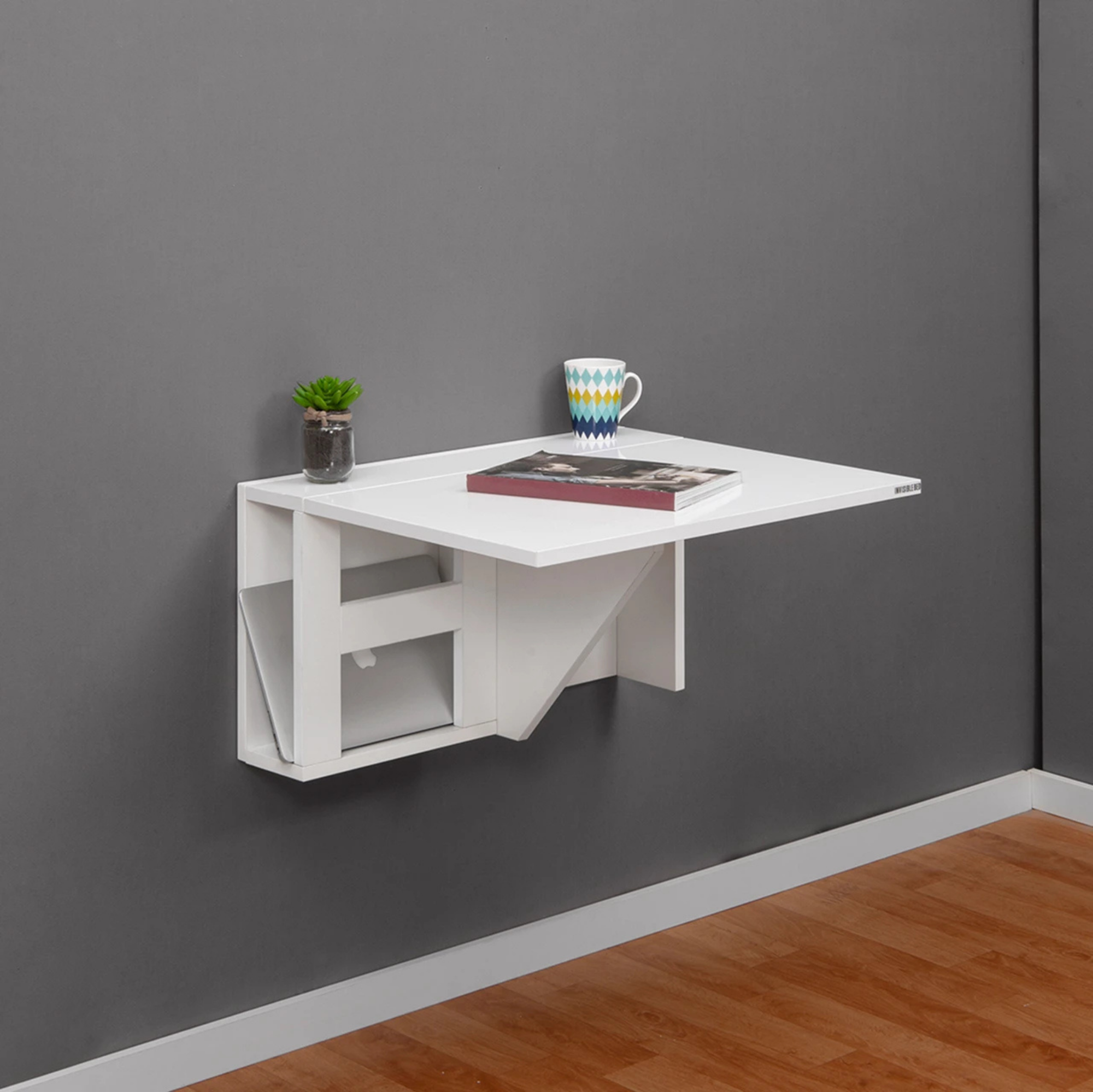 Picture of FurniQ Furniture Wall Mounted Folding Study Table with Storage Shelves - Space Saving Engineered Wood Home Office Desk