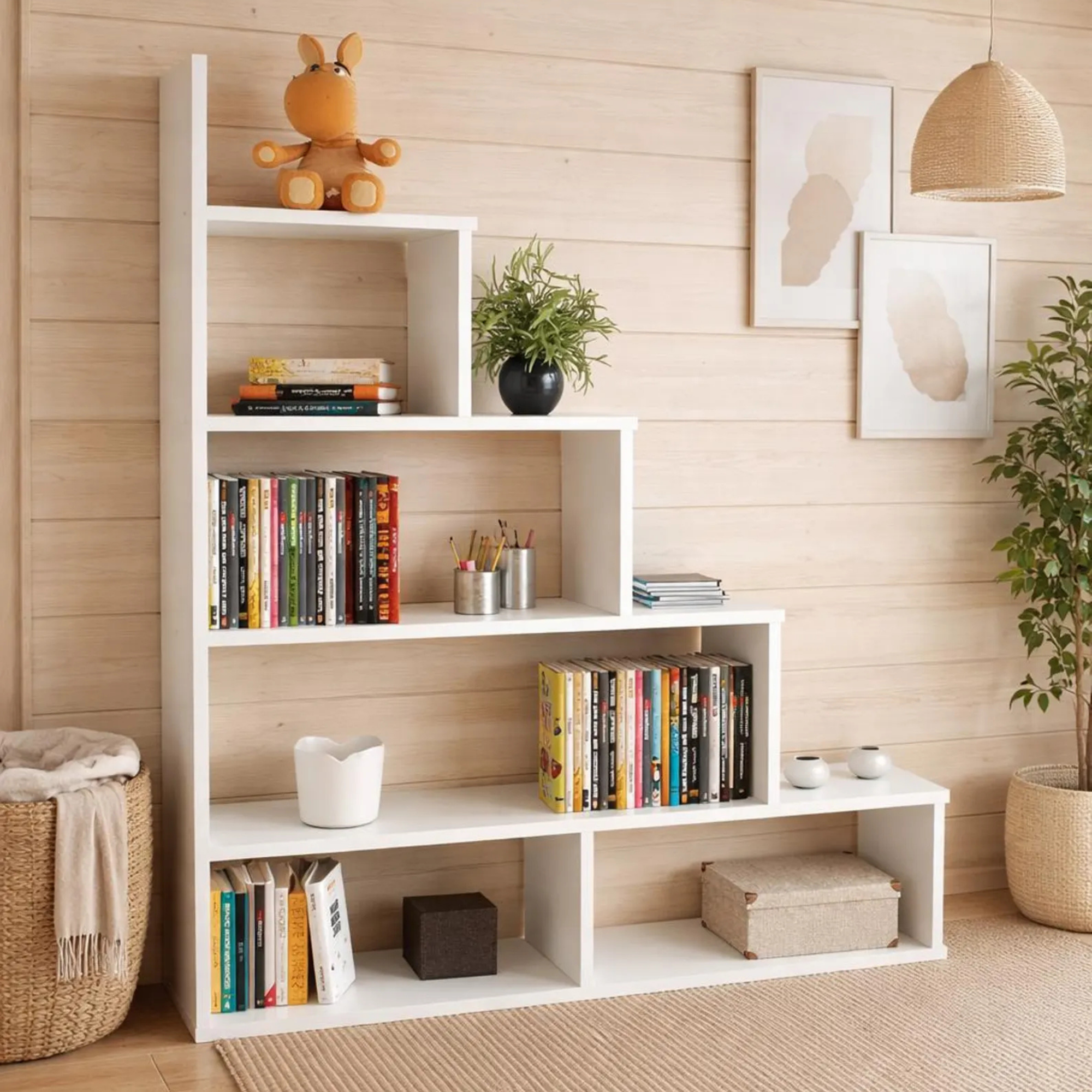 Picture of FurniQ Furniture Modern White Ladder Bookshelf - Minimalist 4-Tier Display Rack & Room Divider for Home Office