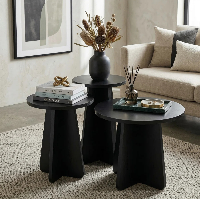 Picture of FurniQ Furniture Modern 3-Piece Nesting Coffee Table Set - Space Saving Round Side Tables - Premium Melamine Board Furniture