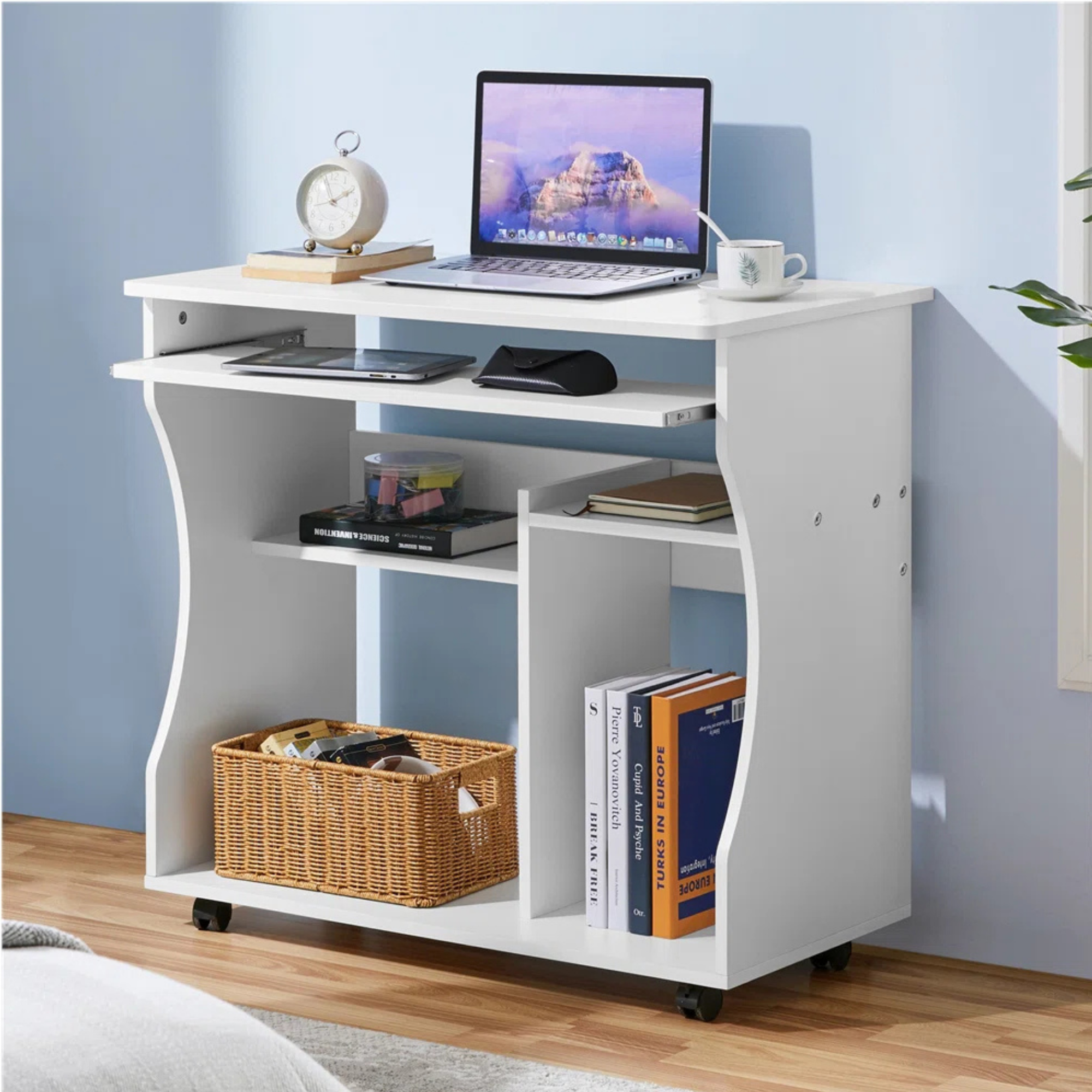 Picture of FurniQ Furniture Modern Compact Computer Desk with Sliding Keyboard Tray & Wheels - Premium Melamine Board Study Table