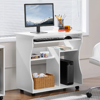 Picture of FurniQ Furniture Modern Compact Computer Desk with Sliding Keyboard Tray & Wheels - Premium Melamine Board Study Table