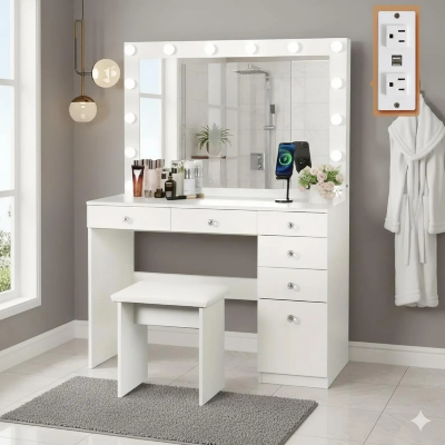 Picture of Luxury Vanity Table with LED Mirror | Dressing Table with Lights | Engineered Board | FurniQ Furniture BD