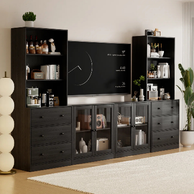 Picture of FurniQ Furniture Premium 110" Wide Media Center with Built-in Bookcases - Large Entertainment Center for TVs up to 70 Inch