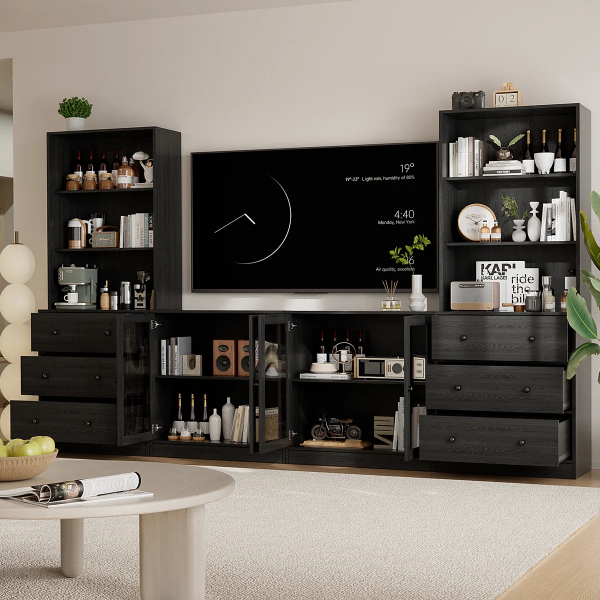 Picture of FurniQ Furniture Premium 110" Wide Media Center with Built-in Bookcases - Large Entertainment Center for TVs up to 70 Inch