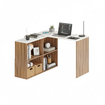 Picture of FurniQFurniture Engineered Wood Study Table, Workstation, Rotatable Computer Laptop, WFH Office Desk Gaming Table with Storage, Large (Exotic Teak & White)
