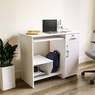 Picture of FurniQFurniture neuspace Buker Computer Table with Shelf, Laptop Table Large Size, Engineered Wood Computer Desk (Straight, Finish Color - Frosty White, Knock Down)