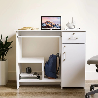 Picture of FurniQFurniture neuspace Buker Computer Table with Shelf, Laptop Table Large Size, Engineered Wood Computer Desk (Straight, Finish Color - Frosty White, Knock Down)