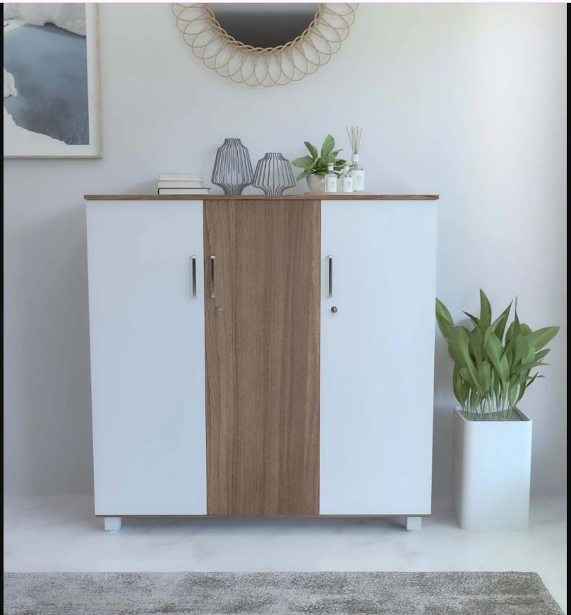 Picture of NEUDOT Ronald Caddy 3 Door Engineered Wood Free Standing Cabinet (Finish Color - TEAK, Door Type- Hinged, Knock Down)