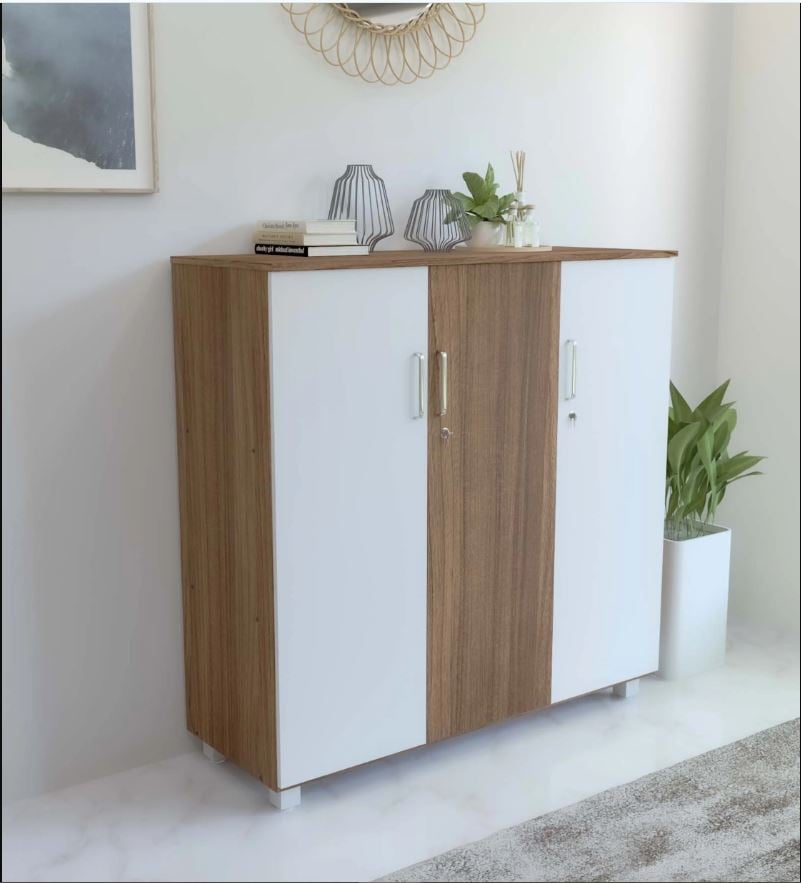 Picture of NEUDOT Ronald Caddy 3 Door Engineered Wood Free Standing Cabinet (Finish Color - TEAK, Door Type- Hinged, Knock Down)