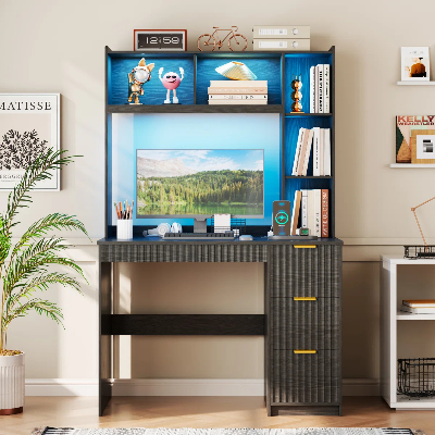 Picture of FurniQ Furniture Modern Study Desk with 4-Drawers & Bookshelves - Premium Melamine Board Home Office Computer Desk