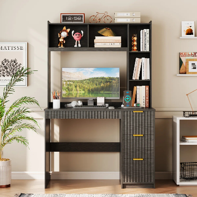Picture of FurniQ Furniture Modern Study Desk with 4-Drawers & Bookshelves - Premium Melamine Board Home Office Computer Desk
