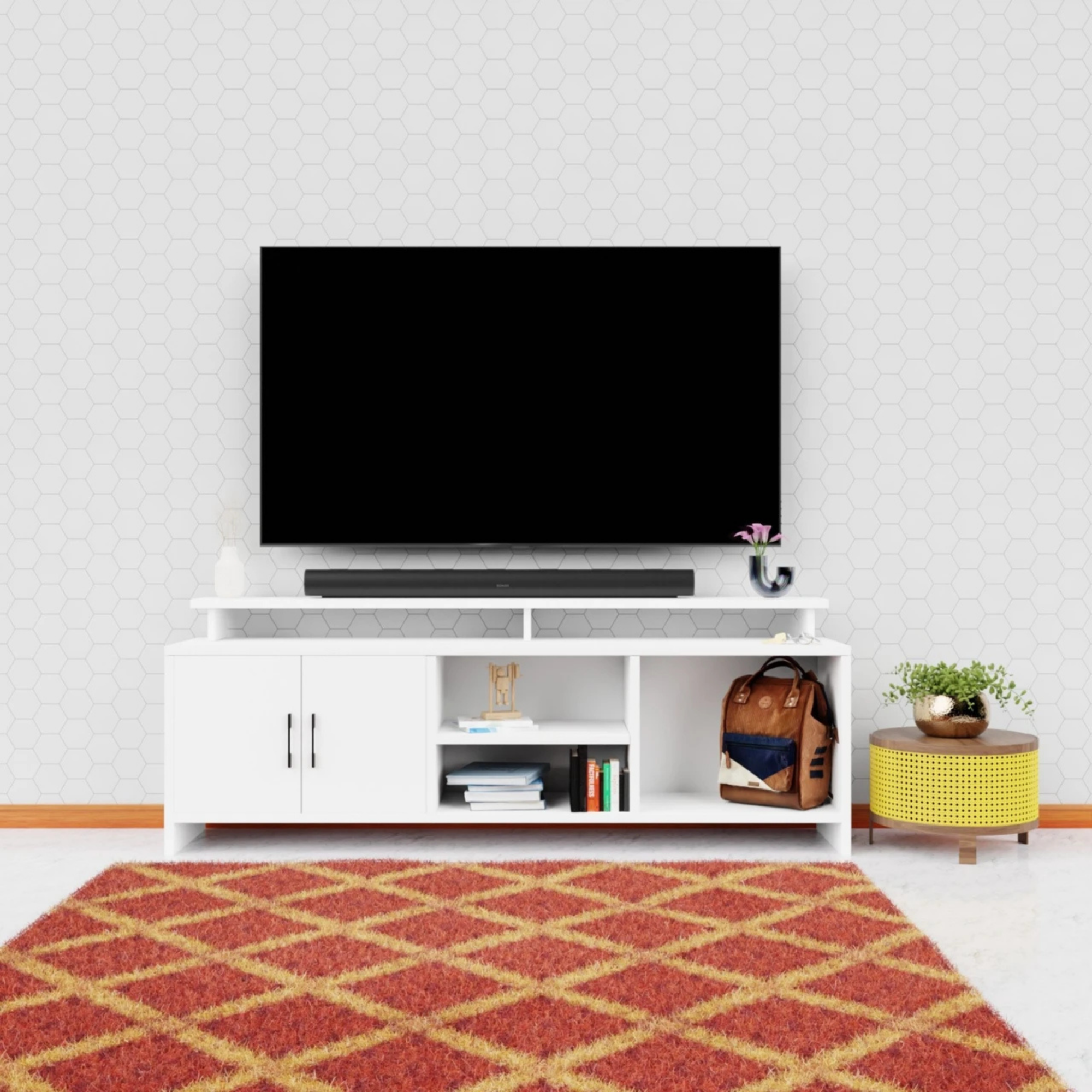 Picture of FurniQ Furniture Modern Wooden TV Unit with 2 Storage Doors & Open Shelves - Premium Entertainment Stand for Living Room