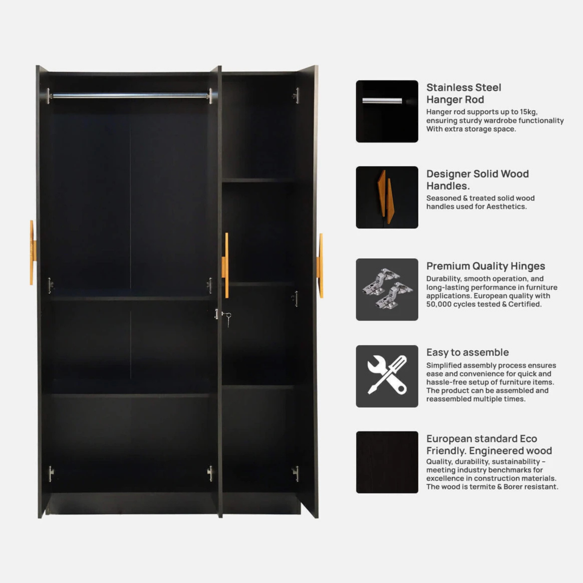 Picture of FurniQ Furniture 3 Door Wardrobe In Wenge Finish Engineered Wood 3 Door Wardrobe (Finish Color - Wenge, Knock Down)