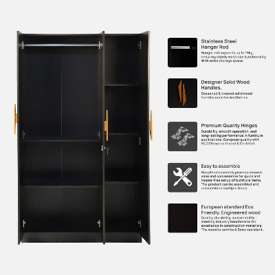 Picture of FurniQ Furniture 3 Door Wardrobe In Wenge Finish Engineered Wood 3 Door Wardrobe (Finish Color - Wenge, Knock Down)