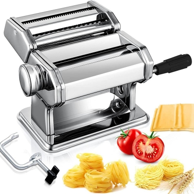 Picture of Pasta Maker, 150 Roller Manual Noodles Makers with Multiple Adjustable Thickness Setting, 2 in 1 Dough Stainless Cutter, Clamp, and Hand Crank