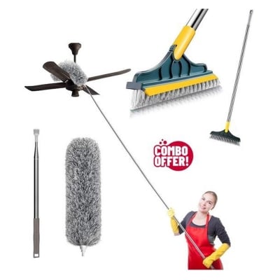 Picture of 3 in 1 floor scrubvbrush with squeegee and microfiber feather duster bendable extendable fan cleaning duster
