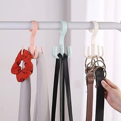 Picture of 1Pcs 360 Degree Rotated 4 Hooks Plastic Hanger Clothes Ties Bag Holder Hanging Rack Shelf Storage Organizer Scarf Hook Multicolor 