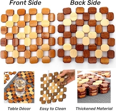 Picture of Wooden Placemat Insulation Pads Against Hot Desk Table Mats Coasters Hollow Wooden Pot Cup Mat Kitchen Accessories Heat Insulation Mat Brown 