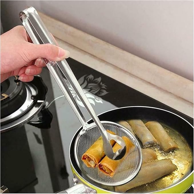 Picture of Filter Kitchen Spoon Multi-Functional 2 in 1 Fry Tool with Clip, Oil Frying BBQ Filter Stainless Steel Mesh Fry and Keep Out from Hot Oil Use Tong/Food Strainer Tong for Kitchen Tool Silver 